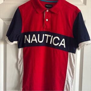 Nautica Boys  Polo in Red, Navy, and White color block rugby